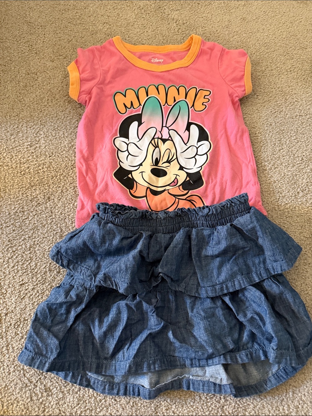 jumping beans Pink Minnie Graphic Tee with Yellow Trim and Denim Ruffle Skirt
